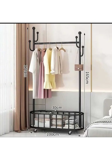 Oval Konfeksiyon Askılığı Siyah Askılık Ayaklı Askılık Kıyafet Askılığı Tekerlekli 100 Cm 1064