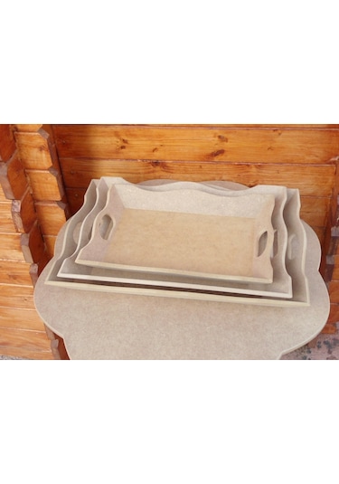 Ham Ahşap Açılı Tepsi 3Lü Set- Dekoratif Tepsi 3 Lü