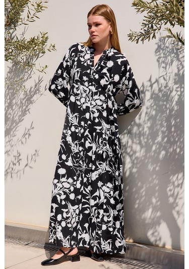 Bigdart Kadın Siyah Beyaz Viskon Tesettür Elbise 2423 001