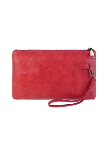 Shidai888 Retro Deri Debriyaj Fermuarlı Zarf Çanta Kırmızı