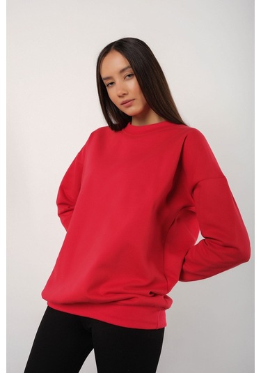 Modagen Kadın Kırmızı Focus Sırt Baskılı Bisiklet Yaka Oversize Sweatshirt Kkırmızı