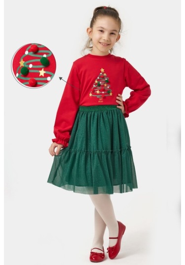 Kız Çocuk Ponponlu Simli Etekli Yılbaşı Takımı Nbk-24903 Kırmızı