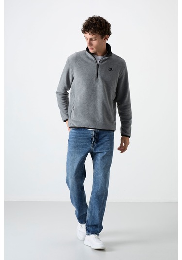 Dik Yaka Yarım Fermuarlı 2li Paket Siyah-gri Melanj Erkek Polar Sweatshirt - 87891 Siyah - Gri