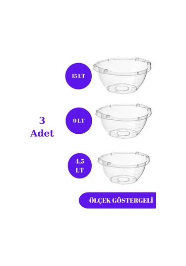 Şeffaf Badya Leğen Ölçek Göstergeli 3 Adet 15 Lt - 9 Lt - 4,5 Lt Beyaz