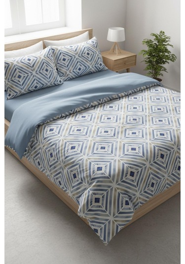 Mavi Geometrik Çizgi Çift Kişilik %100 Pamuk Nevresim Takımı MAVI