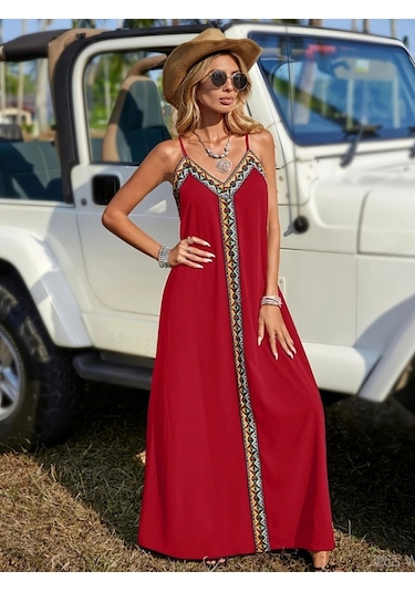Kadın Askılı V Yakalı Etnik Şerit Detaylı Uzun Viskon Elbise Kırmızı