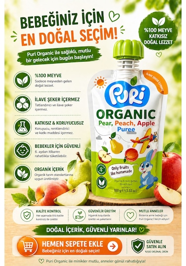 Organic %100 Organik Meyve Püresi Armut - Şeftali Elma 100 G İlave Şekersiz