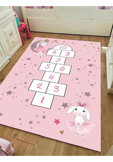 Seksek Çocuk Oyun Halısı Kaymaz Makinede Yıkanabilir Eğitici 1 Pembe - Beyaz