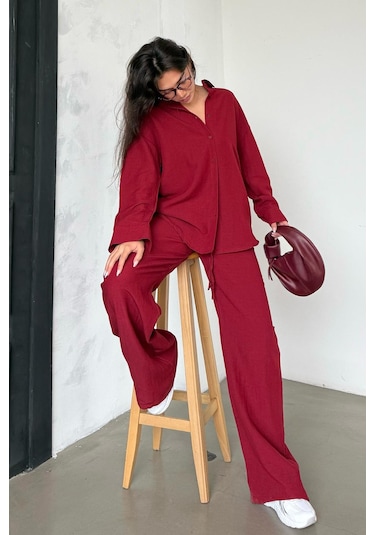 Madmext Kırmızı Keten Kadın Gömlek Pantolon İkili Takım Mg2356 Kırmızı