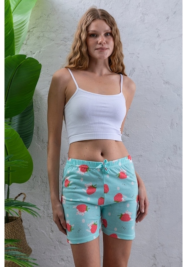 Giysa Kadın Beli Lastikli Desenli Şort Pijama Altı Turkuaz - 2027 Turkuaz