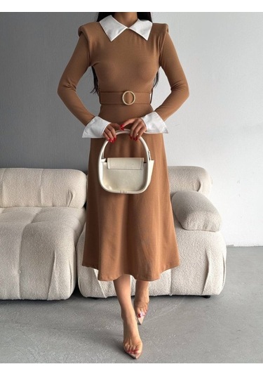 Kadın Uzun Kol Gömlek Yaka Ve Vatka Detay Kemer Dahil Midi Boy Elbise Çok renkli