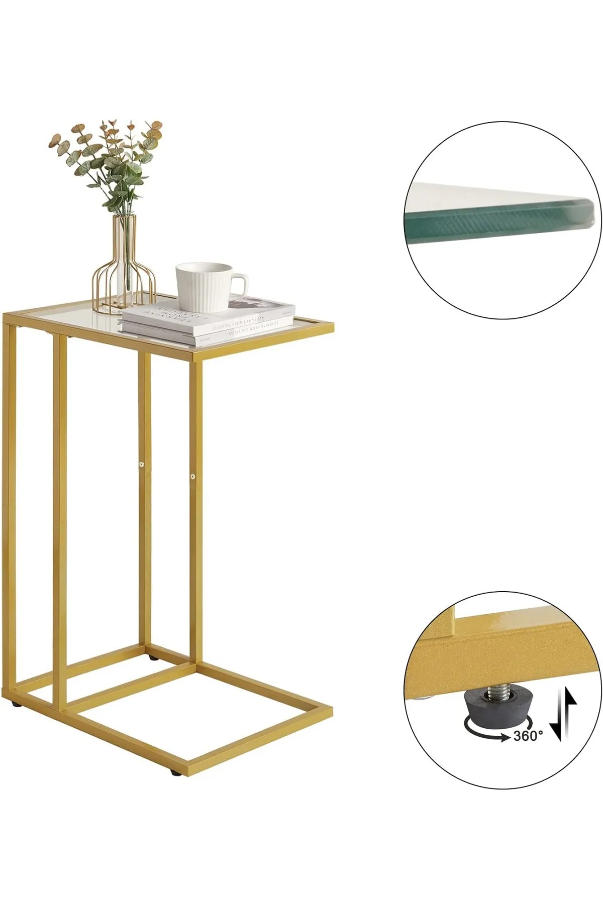 Şeffaf Temperli Cam C Sehpa Koltuk Sehpası Gold-şeffaf