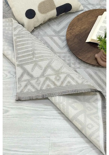 Mona Dokuma Yıkanabilir Bukleli Modern Gri Salon Halısı Mutfak Halısı Yolluk Gri