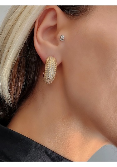 Yarım Halka Boru Model Full Taşlı Elegant Altın Kaplama Gold Renkli Çelik Küpe Gold