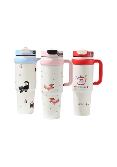 Jian Fan Termos Kupası Kız Çocuk Büyük Kapasiteli Buz Fincan Hasır Bardak - Pembe Pembe