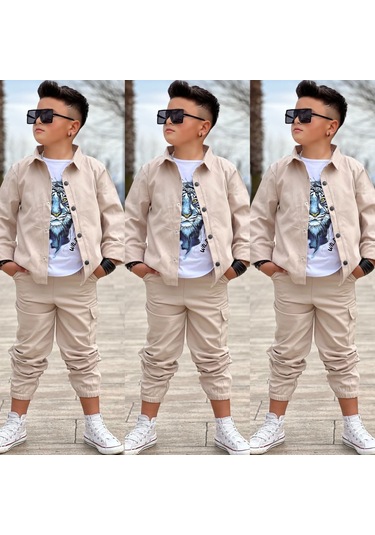 Modavals Gabardin Gömlek Kargo Cep Pantolon Ve Kaplan Baskılı Tshırt 3 Parça Erkek Çocuk Takım Krem