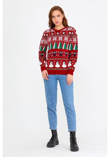Tarz Cool Kırmızı Kadın Christmas Yılbaşı Kazağı Kırmızı