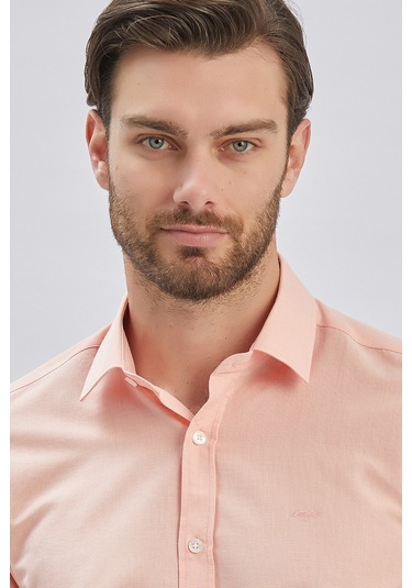 Pudra Uzun Kollu Bez Ayağı Sert Yaka Cepsiz Klasik Slim Fit Dar Kesim Gömlek 1004240230-pudra Pudra