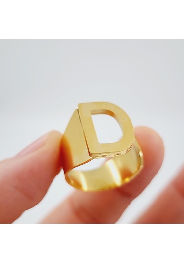 Çelik Gold Düz Kesim Harf Yüzük -d Harfi- Ayarlı Ölçü-1891 Altın