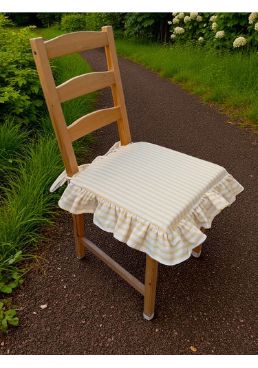 Sarı Çizgili Buldan Yıkanmıs Keten 4 Tarafı Fırfırlı Sandalye Minderi Renkli