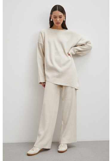 Never More Eteği Çapraz Pantolonlu Bisiklet Yaka Takım Ekru Ekru