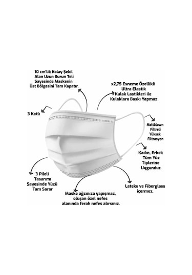Melantis Medikal 3 Katlı Telli Meltblownlu Cerrahi Maske Beyaz 3 x 50'li