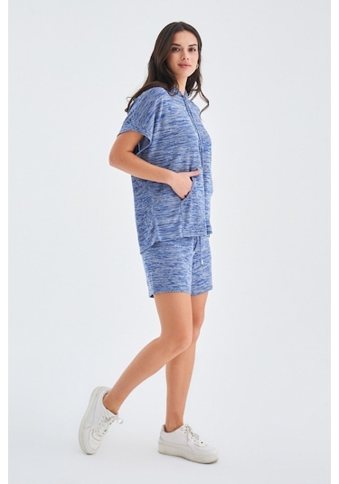 Peraluna Kaıra Blouse & Shorts Kapüşonlu Yazlık Kadın Triko Şort İndigo