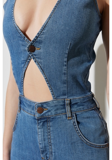 Regular Fit Normal Kesim Normal Bel Geniş Paça Kolsuz Açık Mavi Esnek Jean Tulum Açık Mavi