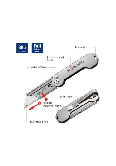 Workpro Wp211016 Paslanmaz Çelik Gövde Katlanır Rötuş Maket Bıçağı Fr Wp211016