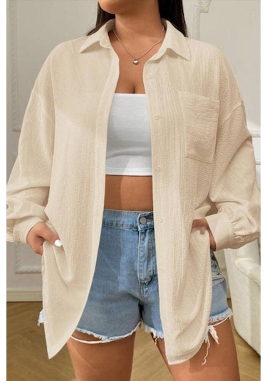 Trendseninle Kadın Bej Tek Cepli Bürümcük Oversize Gömlek Bej