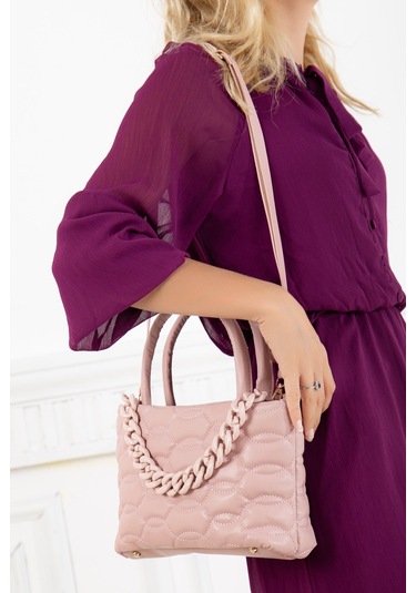 Kapitone Dikişli Zincirli Pembe Kadın Omuz Çantası-1984 - Pembe