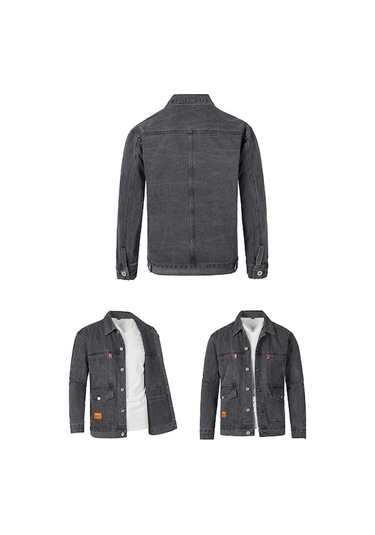 Yingfu Erkek Denim Ceket - Gri, Çok Cepli Tasarım Siyah