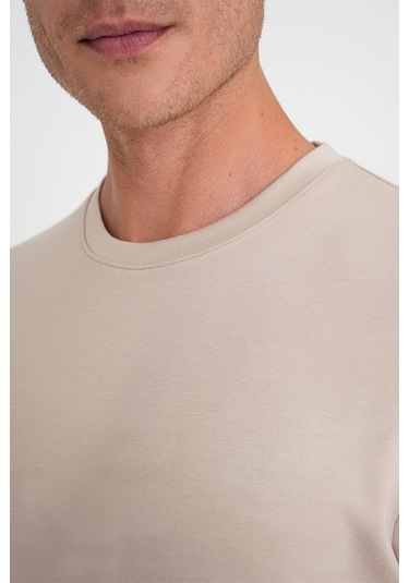 Comfort Fit Bisiklet Yaka Esnek Pamuk Casual Bej Tişört Ts 885 Bej