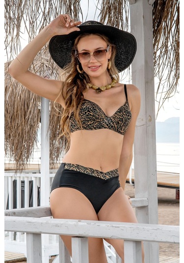 Markahit Ruko Leopar Desenli Kaplı Bikini Siyah Yeşil