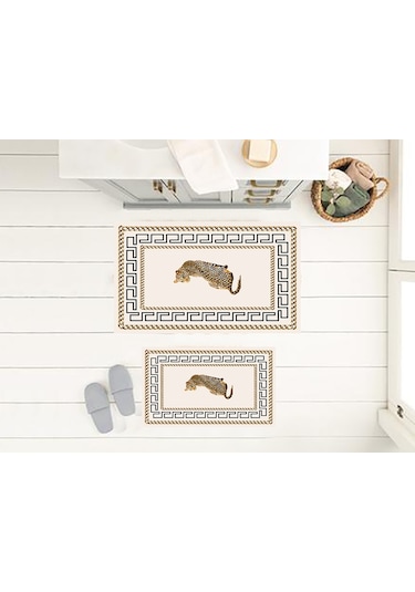 Leopar Desen Banyo Paspası, Kaymaz Taban, Yıkanabilir Paspas, Krem