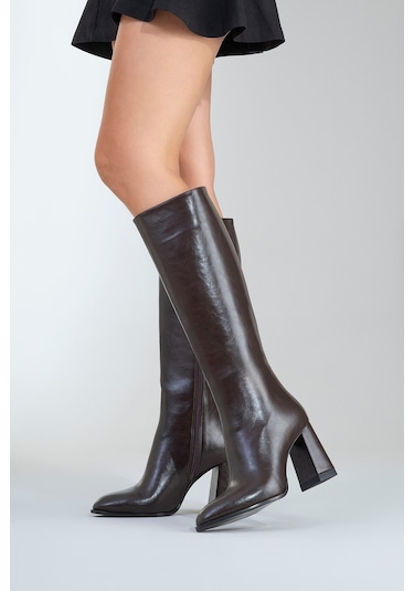 Decer Kahverengi Cilt Kadın Topuklu Çizme Kahverengi Deri