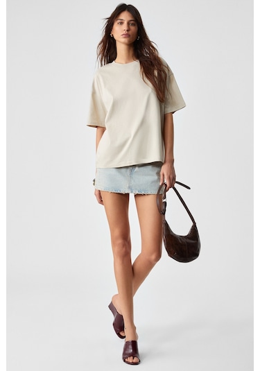 LAGERTHA  Kadın %100 organik Pamuklu Kalın Dokulu Oversize Fit Yuvarlak Yakalı Taş Rengi T-Shirt