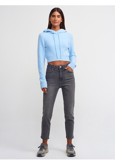 Dilvin Yumuşak Dokulu Kapşonlu Crop Kazak Mavi