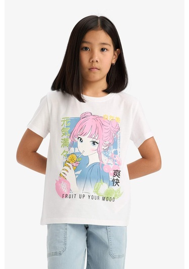 Defacto Kız Çocuk Bisiklet Yaka Anime Baskılı Kısa Kollu Tişört E0350a825smwt34 Beyaz