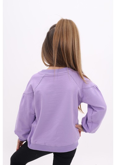 Toontoy Kız Çocuk Relax Fit Bisiklet Yaka Büzgülü Reglan Kol Sweatshirt - 2 İplik Lila