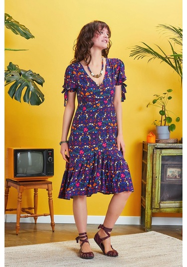 Ön Yırtmaçlı Çiçek Desenli Bohem Elbise 001