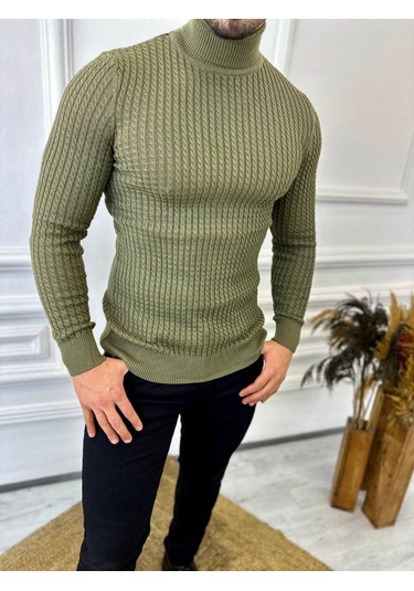 Kazak Slim Fit Tüylenmez Naturel Pamuk Triko Boğazlı Balıkçı Yaka Kazak Haki - Yeşil