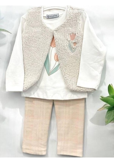 Cantoy Kız Bebek Peluş Yelekli 3 Lü Pantolonlu Takım-15067 Krem