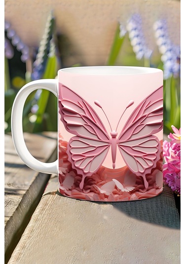 3d Görünümlü Pembe Çiçek Ve Kelebekler No:4 3d Tasarım Baskılı Kupa Bardak Mug A