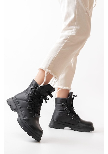 Asm-083 Siyah Bağcıklı Su Geçirmez Kadın Kar Botu-a Siyah Cilt Siyah