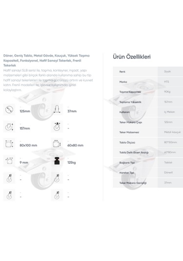 Hts 613 Bağlantılı 125mm Galv. Kaplama Metal Frenli Teker 4 Ad.