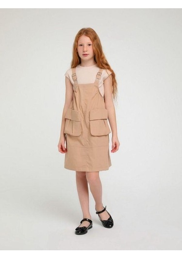 Kız Çocuk Büyük Cepli Askılı Salopet-14133 Camel