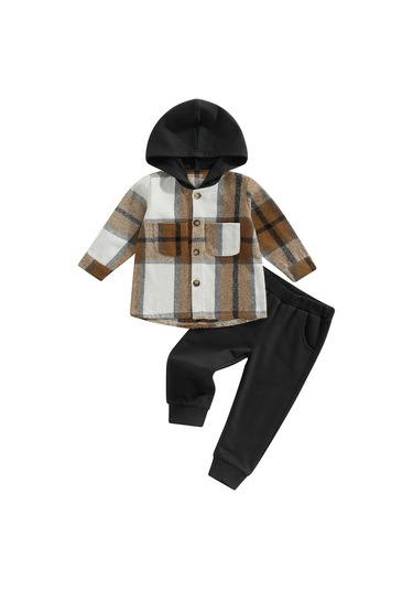 Kahverengi Yürüyor Erkek Bebek Giysileri Uzun Kollu Ekose Hoodie Kazak + Eşofman Küçük Çocuk Sonbahar Kış Kıyafetler Set Tops Kahverengi