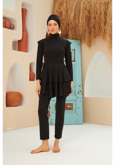 Full Likralı Tam Kapalı Tesettür Mayo Deniz Mayosu Fırfır Detaylı Lt23-01 Siyah Siyah