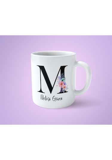 Çiçekli M Harfli İsimli Baskılı Kupa Bardak